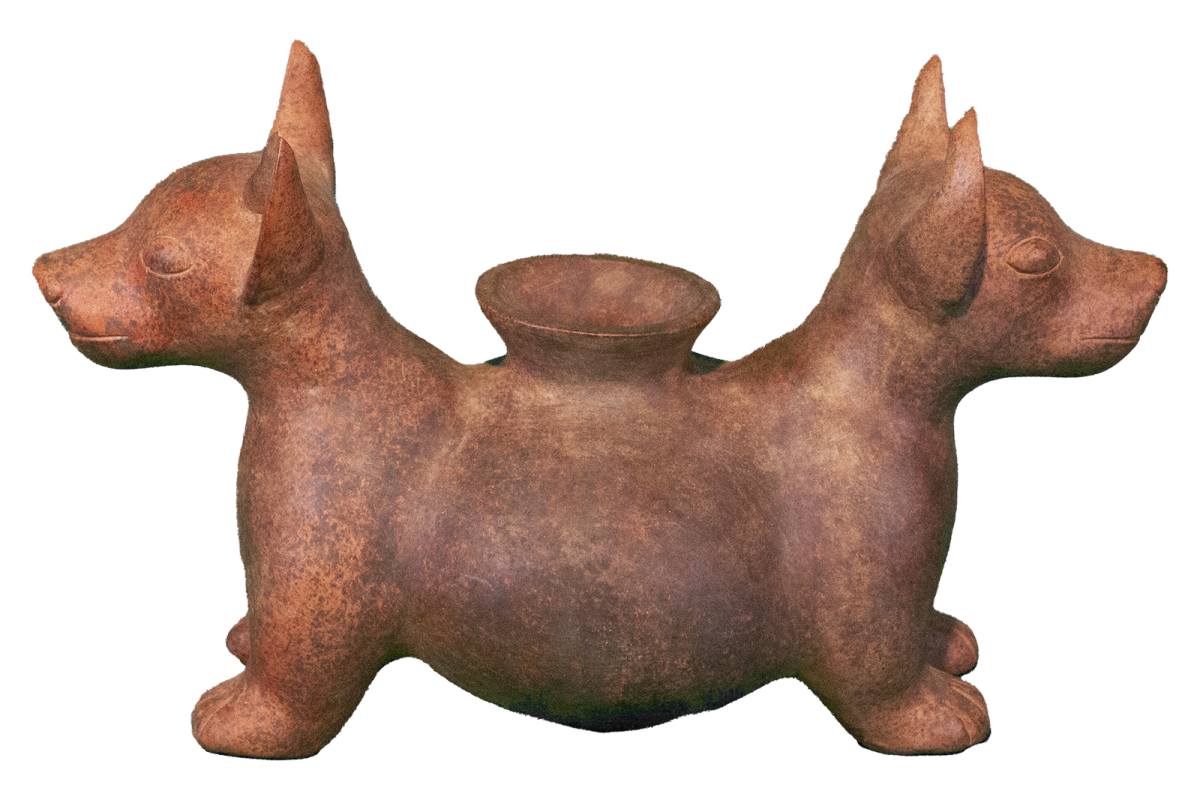 A clay pot in the shape of two dogs. Purchased in Mexico. Attributed to the Teotihuacan culture, circa 500 AD.